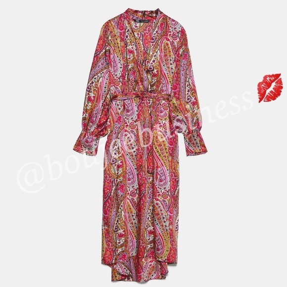 ZARA BNWT Paisley Printed Satin Dress with Belt - Picture 7 of 7